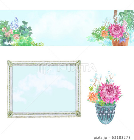 庭の花 花瓶の花 空を映す鏡のフレームのイラスト素材