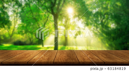 Brown wood table in green blur nature background. Brown wood table in green blur nature background. 63184819
