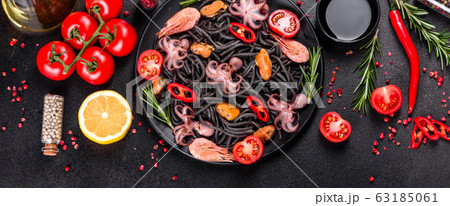 Black seafood pasta with shrimp and octopus 63185061