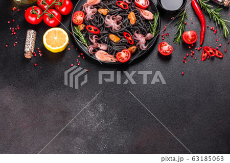 Black seafood pasta with shrimp and octopus Black seafood pasta with shrimp and octopus 63185063