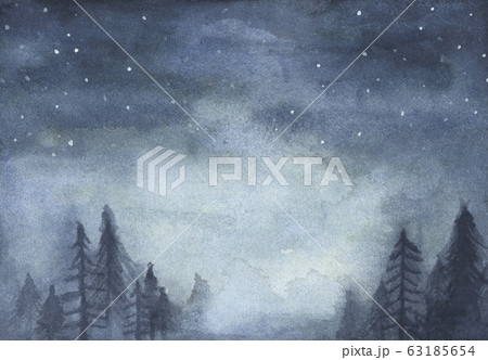 Peaceful spruce forest under night sky full of stars. Fog forest landscape. 63185654