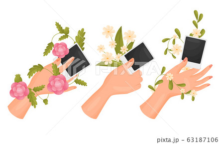 Hands Holding Flowers and Photographs Isolated on White Background Vector Set Hands Holding Flowers and Photographs Isolated on White Background Vector Set 63187106