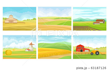 Agricultural Lands with Barn Houses and Cultivated Fields Vector Scenes Set 63187126