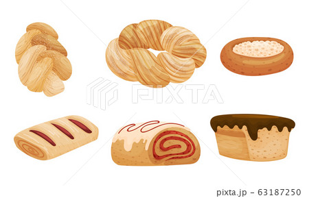 Sweet Pastry and Flour Products Like Cream-filled Bun and Muffin with Chocolate Topping Vector Set 63187250