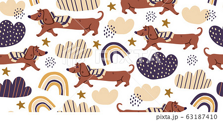 Vector seamless pattern with cute dachshund dogs 63187410
