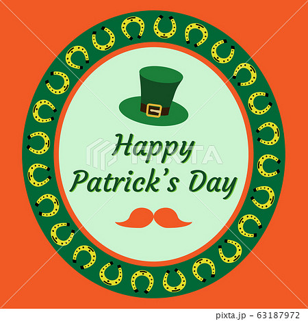 Happy Patricks Day vector illustration Festive frame pattern. Text in a stylish frame on a orange background. Design of banner, poster, flyer, greeting card, logo. Isolated color elements on backdrop. 63187972