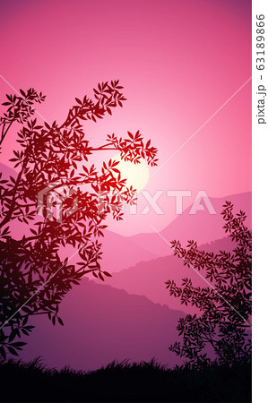 Natural forest mountains horizon hills silhouettes of trees. Evening Sunrise and sunset. Landscape wallpaper. Illustration vector style. Colorful view background. 63189866