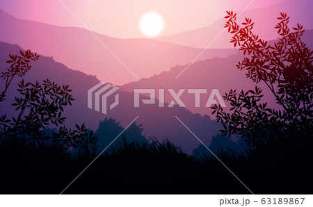 Natural forest mountains horizon hills silhouettes of trees. Evening Sunrise and sunset. Landscape wallpaper. Illustration vector style. Colorful view background. 63189867