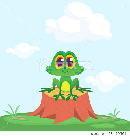 Funny Frog Cartoon Character Sitting On Tree のイラスト素材