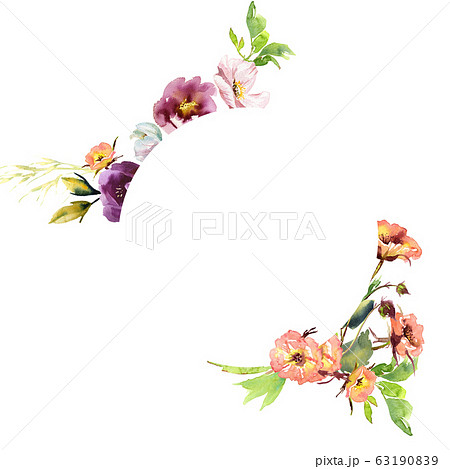 Wedding frame wreath bridal romanric rustic warm bouquet. Hand drawing watercolor pink and purple and orange flowers ornament 63190839