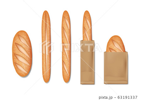 Packed french baguette bread. Set of tasty baked goods for breakfast. Realistic baguette bread and loaf isolated. vector illustration 63191337