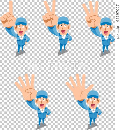Men in blue work clothes showing numbers and order with fingers 63197097