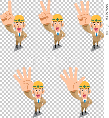 Construction site worker in beige work clothes showing numbers and order with fingers 63197099