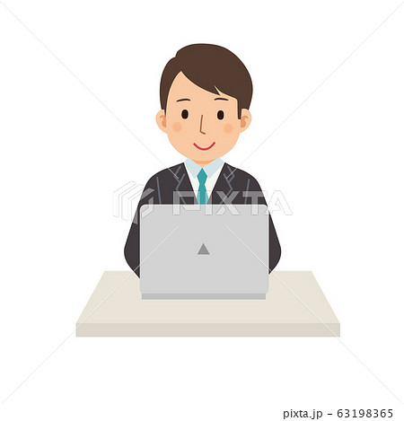 机に向かってパソコンをする男性 イラスト 笑顔のイラスト素材