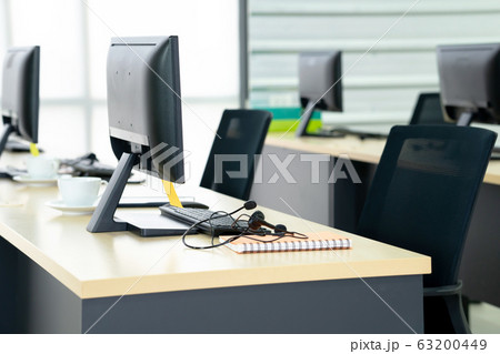 Chairs computers and headset call center in modern Chairs computers and headset call center in modern 63200449