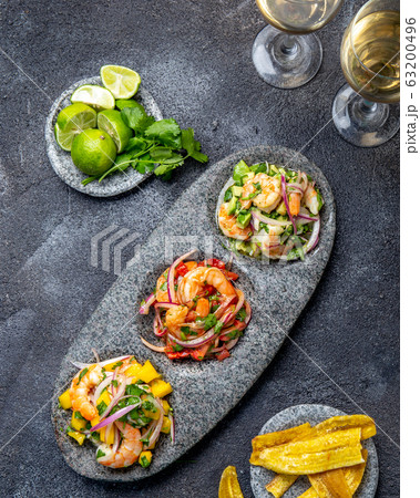 CEVICHE. Three colorful shrimps ceviche with 63200496