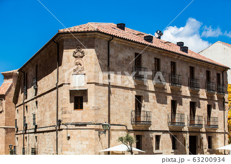 Beautiful architecture of the antique buildings around at Calle Melendez in Salamanca old city 63200934