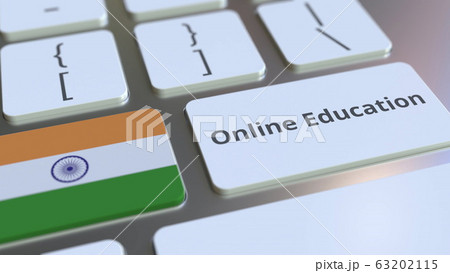 Online Education text and flag of India on the buttons on the computer keyboard. Modern professional training related conceptual 3D rendering Online Education text and flag of India on the buttons on the computer keyboard. Modern professional training related conceptual 3D rendering 63202115