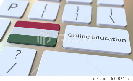 Online Education text and flag of Hungary on the buttons on the computer keyboard. Modern professional training related conceptual 3D rendering 63202117