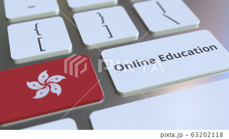 Online Education text and flag of Hong Kong on the buttons on the computer keyboard. Modern professional training related conceptual 3D rendering Online Education text and flag of Hong Kong on the buttons on the computer keyboard. Modern professional training related conceptual 3D rendering 63202118
