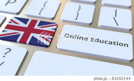 Online Education text and flag of Great Britain on the buttons on the computer keyboard. Modern professional training related conceptual 3D rendering Online Education text and flag of Great Britain on the buttons on the computer keyboard. Modern professional training related conceptual 3D rendering 63202144