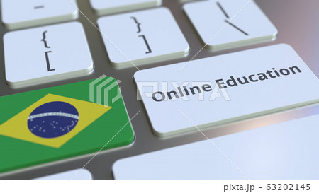 Online Education text and flag of Brazil on the buttons on the computer keyboard. Modern professional training related conceptual 3D rendering Online Education text and flag of Brazil on the buttons on the computer keyboard. Modern professional training related conceptual 3D rendering 63202145