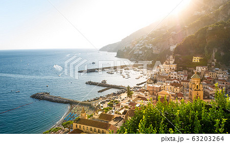 Amalfi at sunset aerial view 63203264