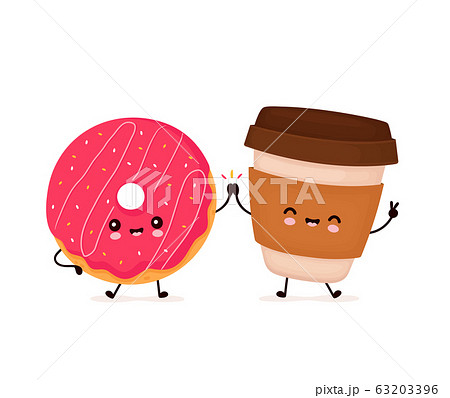 Cute happy smiling donut and coffee cup Cute happy smiling donut and coffee cup 63203396