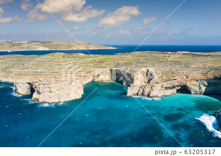 Aerial drone photo - The famous Blue Lagoon in the Aerial drone photo - The famous Blue Lagoon in the 63205317