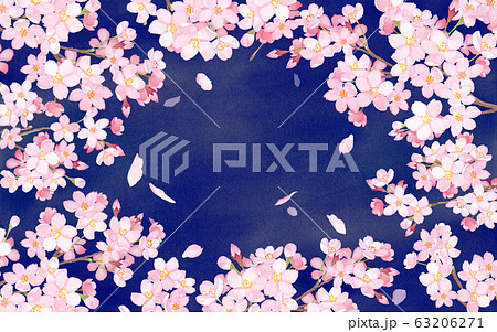 夜桜と散る花びらで囲んだフレーム 水彩イラストのイラスト素材