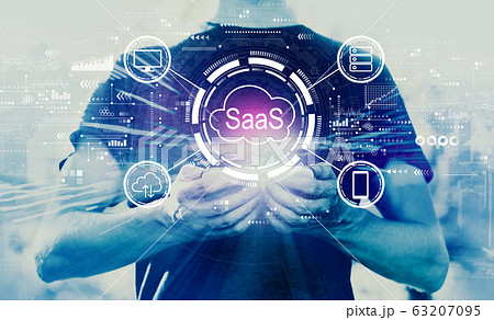 SaaS - software as a service concept with man holding smartphone SaaS - software as a service concept with man holding smartphone 63207095