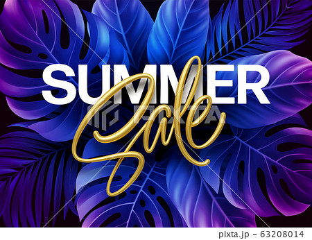 Golden metallic summer sale lettering on a purple bright background from tropical leaves of plants. Vector illustration Golden metallic summer sale lettering on a purple bright background from tropical leaves of plants. Vector illustration 63208014