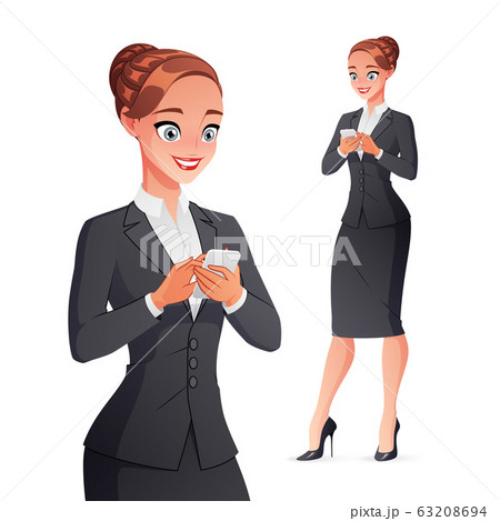 Pretty smiling businesswoman texting on smartphone. Isolated vector illustration. 63208694