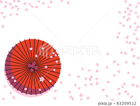 俯瞰で見た桜の降る道と和傘の背景イラストのイラスト素材