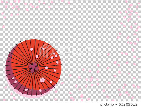 俯瞰で見た桜の降る道と和傘の背景イラストのイラスト素材