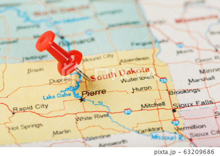 Red clerical needle on a map of USA, South Dakota Red clerical needle on a map of USA, South Dakota 63209686