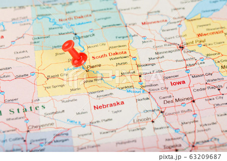 Red clerical needle on a map of USA, South Dakota Red clerical needle on a map of USA, South Dakota 63209687