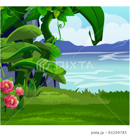 Picturesque landscape with a coast of the lake with green grass and pink flowers. Sketch of a beautiful poster or placard on the theme of wildlife nature. Vector cartoon close-up illustration. Picturesque landscape with a coast of the lake with green grass and pink flowers. Sketch of a beautiful poster or placard on the theme of wildlife nature. Vector cartoon close-up illustration. 63209785