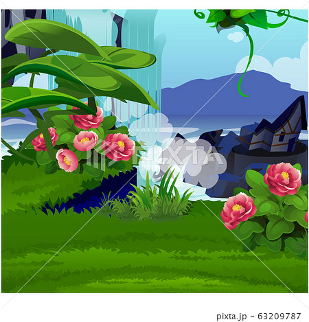 Picturesque landscape with a coast of the lake with green grass and pink flowers. Sketch of a beautiful poster or placard on the theme of wildlife nature. Vector cartoon close-up illustration. 63209787
