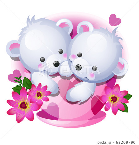 Cute gift or a sketch for a card with little fluffy bears in a porcelain cup with pink flowers isolated on white background. Vector cartoon close-up illustration. 63209790