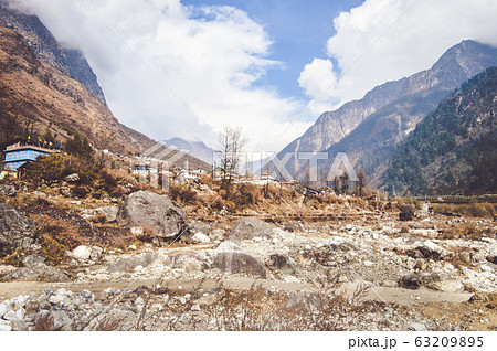 Picturesque mountain valley landscape scenery in one summer morning panoramic view. Picturesque mountain valley landscape scenery in one summer morning panoramic view. 63209895