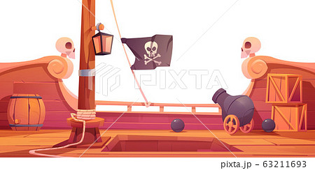 Pirate ship wooden deck onboard view with cannon Pirate ship wooden deck onboard view with cannon 63211693