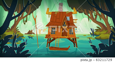 Stilt house in swamp with boat Stilt house in swamp with boat 63211729