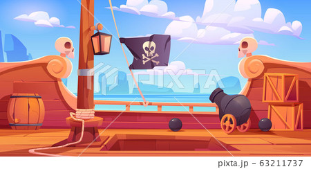 Pirate ship wooden deck onboard view with cannon 63211737