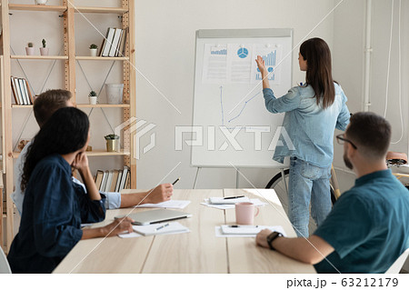 Focused mixed race company workers listening to skilled female presenter. 63212179