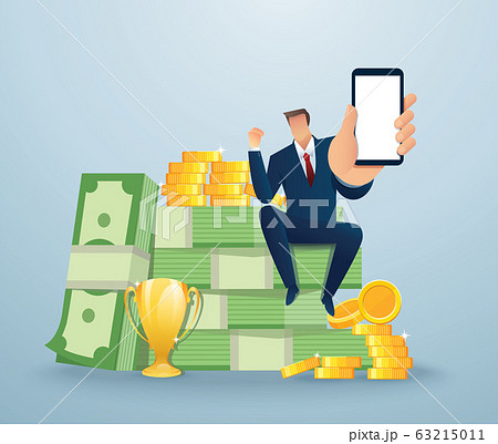 Businessman holding out hand to show blank smartphone screen sitting on money and coins. Finance success, money wealth concept vector illustration EPS10 Businessman holding out hand to show blank smartphone screen sitting on money and coins. Finance success, money wealth concept vector illustration EPS10 63215011
