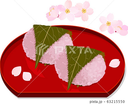 桜餅 2個 と桜の花のイラストのイラスト素材