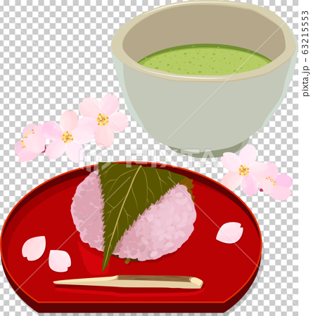 桜餅と抹茶と桜の花のイラストのイラスト素材