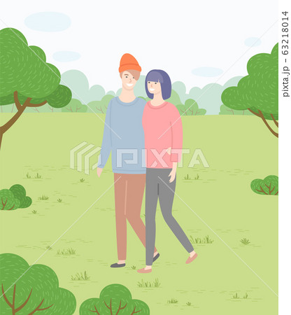 Couple Holding Hands and Walking in Park, Date 63218014