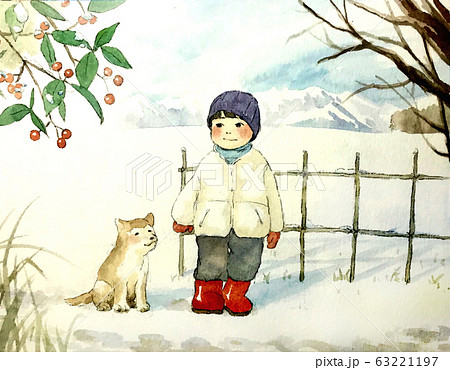 日本の田舎 冬 子供と犬のイラスト素材